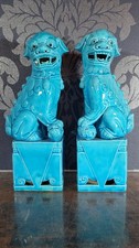 Vintage Foo Dogs Pair Garnitures Chinese Porcelain Turquoise Blue 10”