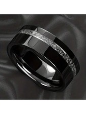 Black Stainless Steel 8mm Meteorite Inlay Ring Sizes 7 8 9 10 11 12 13
