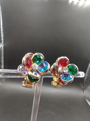 Vintage Gold tone Bezel Set Multi-Color Faceted Crystal Flower Earrings E1 - Picture 2 of 8