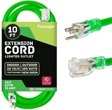 10 Foot Heavy Duty Outdoor Extension Cord - 10/3 SJTW Neon Green 10 Gauge Cable