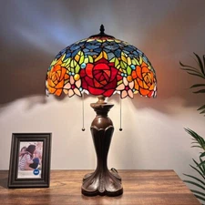 Tiffany Style Table Lamp Stained Glass Rose Flowers LED Bulb Included 16"W*24"H