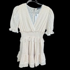 Simplee Mini Dress Women Medium Cream Swiss Dot Shirred Lined Short Sleeve Boho