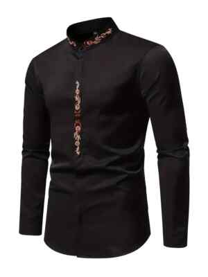Camisa Henley Manga Larga Bordada Botones Vestido Premium Clásico Negro Hombre
