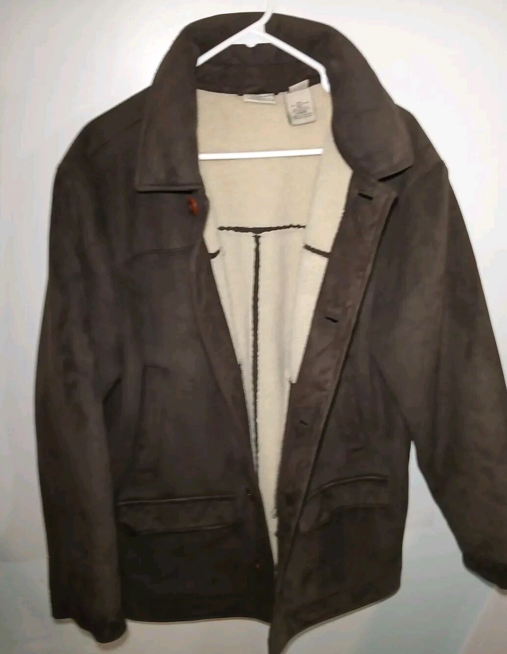 LL BEAN MEN'S SUEDE FLEECE JACKET SIZE L RN 71341 BROWN COLOR BUTTON UP
