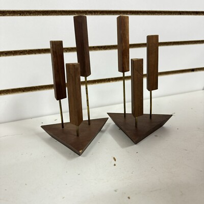 Pair 2 VTG Mid Century Modern MCM Danish Walnut Triangle Triple 3 Candle Holders