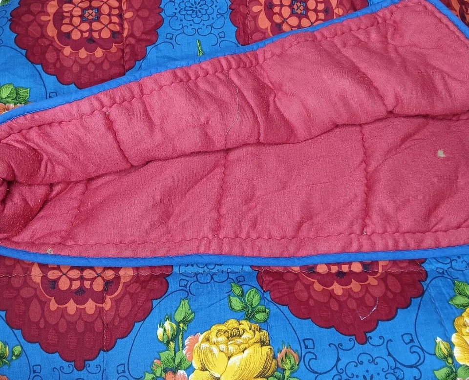 Saco de Dormir Vintage Azul Rojo Amarillo Floral Usado Rojo Forro Cremallera LEER Defectos 28x68 Foto 4 de 4