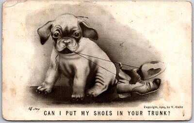 Can I Put My Shoes in Your Trunk? 1909 Cute Dog Funny Drawing, Vintage Postcard
