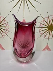 Vintage Murano Venetian Italian Made Ruby Pink Pointed Edge Glass Vase Sbruffi