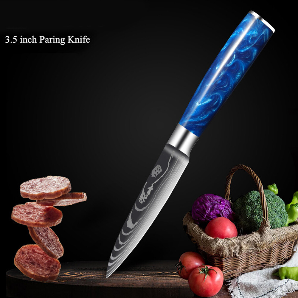 12PC Blue Kitchen Knife Set Japanese Damascus Pattern Chef Knife Block