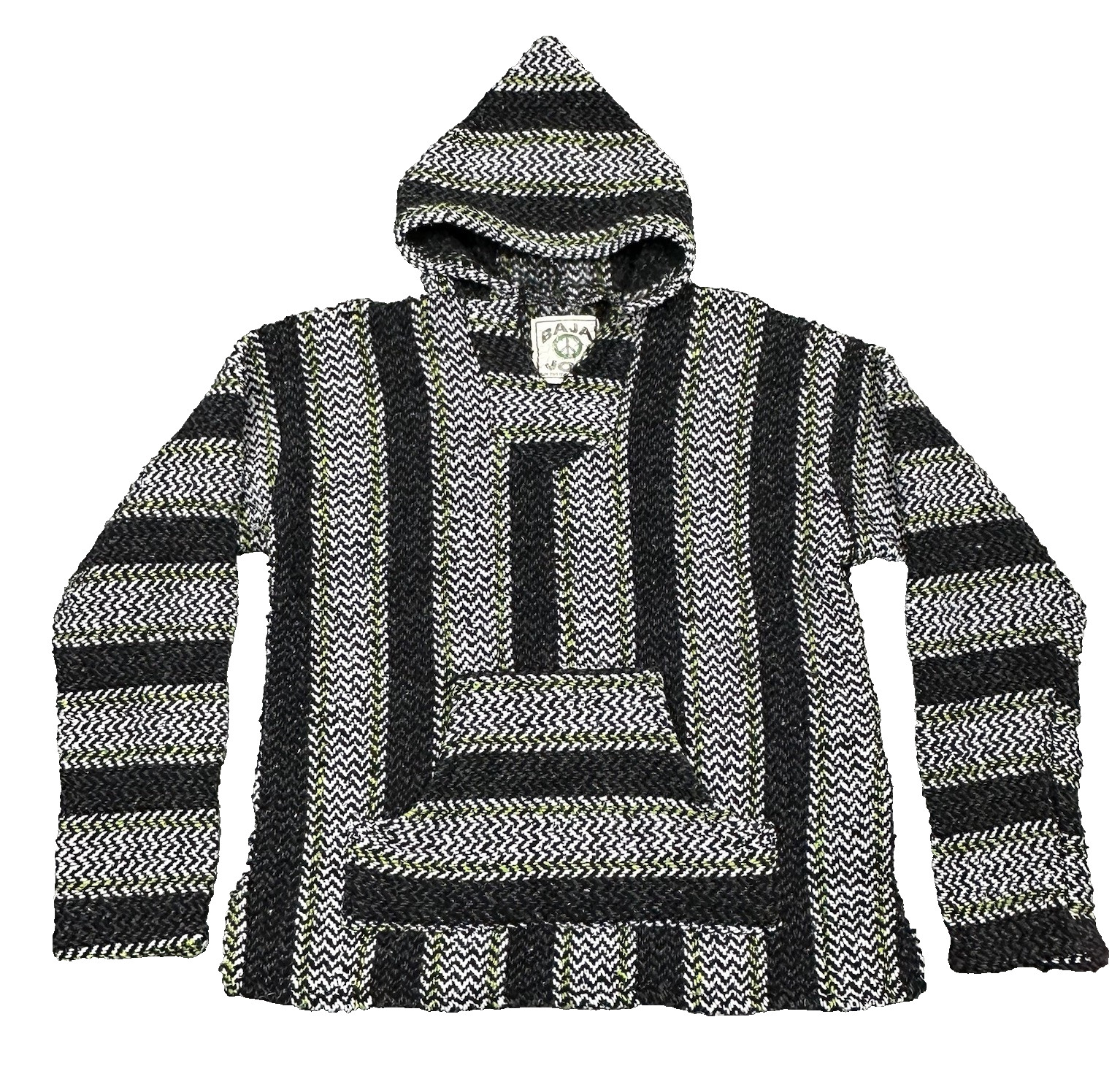 Baja Joe Hoodie Jacket Mens Medium Black Gray Striped Pullover Mexican Hippie