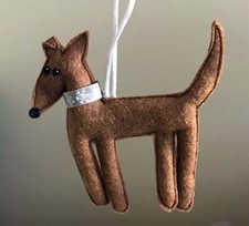 Felt Cutout Standing Greyhound Ornament, Red Tan w Ribbon Collar