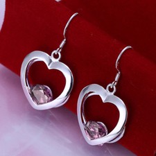 Womens 925 Sterling Silver Purple CZ Crystal Heart Drop Dangle Earrings E141
