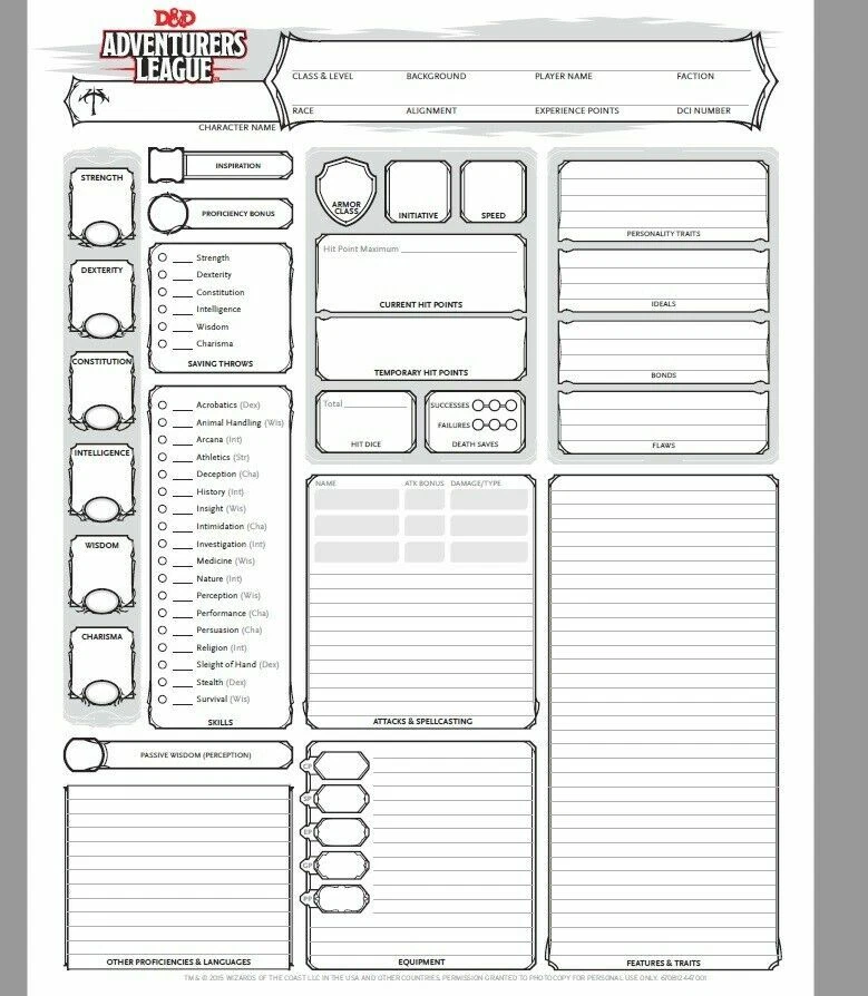 Set of 12 D&D 5e CHARACTER SHEETS 5th Edition Dungeons & Dragons RPG  Official