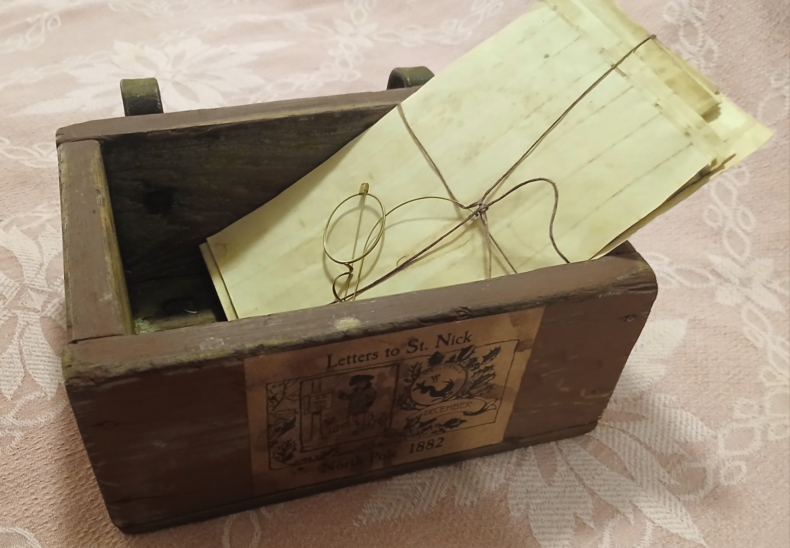 Prim Letters To St Nick Wood Box W/Faux Letters, Santa's Glasses Christmas 1800s