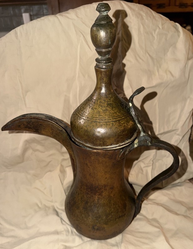 Saudi Arabian Dallah Coffee Pot Brass Hand Hammered 15” high 22” Across ! Estate