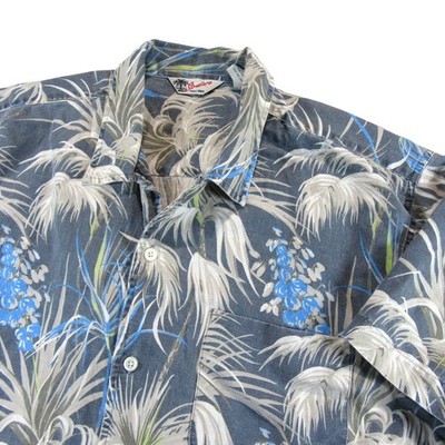 Vintage Structure Mens Shirt XL Blue Floral Linen Cotton Loop Collar Camp Resort