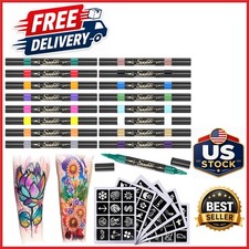 Skin-Safe Temporary Tattoo Markers Kit 16 Colors with 80 Stencils Included