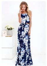 Women’s Lulus Love for Lanai Blue Floral Print Two Piece Maxi Dress Set, Size L