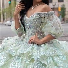 Brilliant Light Green Ball Gowns Beaded Applique Dress Elegant Off the Shoulder