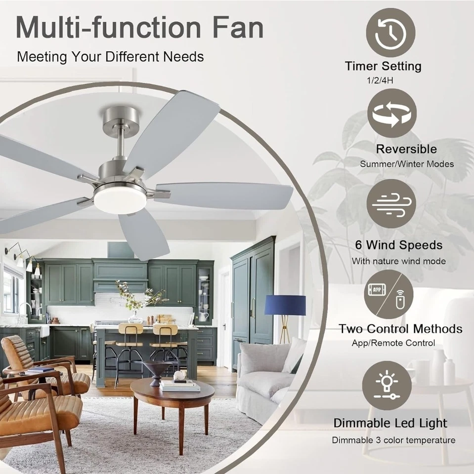 Ceiling Fans with Lights, 52 Inch Low Profile Ceiling Fan with Light and Nickel - Image 2 of 4