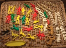 VTG Tim-Mee Toys 37 Cowboys  Indians horses Flourescent Figures Canoe dog goat