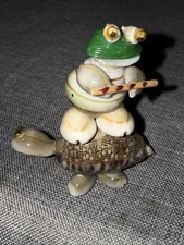 Novelty Sea Shell Figurine Frog Riding Turtle Playing Flute Handmade Folk Art
