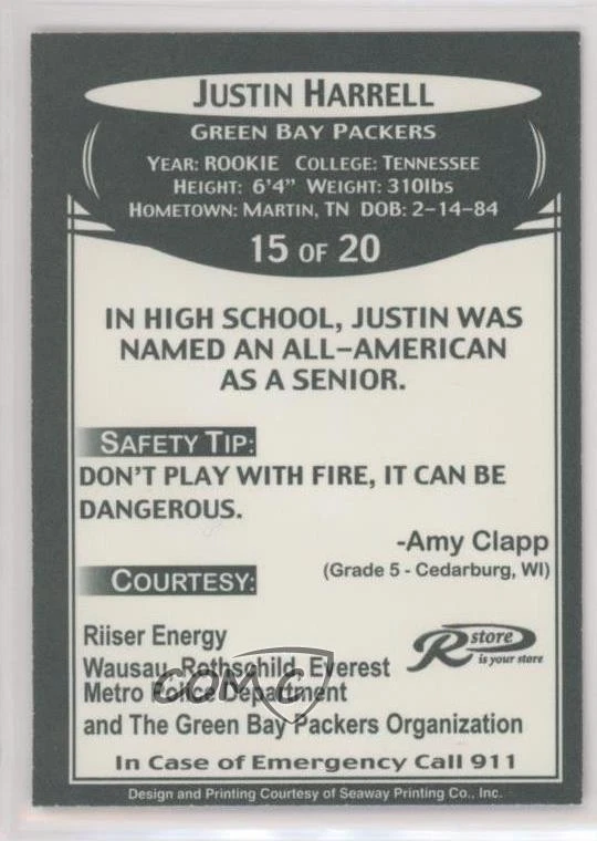 2007 Green Bay Packers Police Justin Harrell #15 Rookie RC - Image 2 of 2