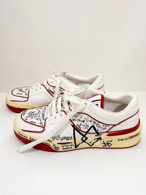 Dolce & Gabbana White Red Graffiti Low Top Men's Sneakers Leather CS2119 AE509