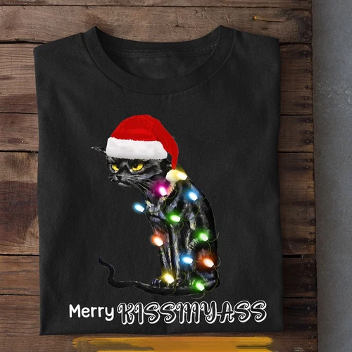 Funny Cat Christmas T-shirt, Merry Kiss My Ass, Cat Lovers, Cat Owners - product listing photo