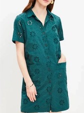 Ann Taylor Loft Eyelet Mini Pocket Shirtdress Emerald Essence Green Size 8