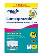 "Equate Lansoprazole 15mg Capsules  Acid Reducer, 42ct x 3 Pack (Delayed Release