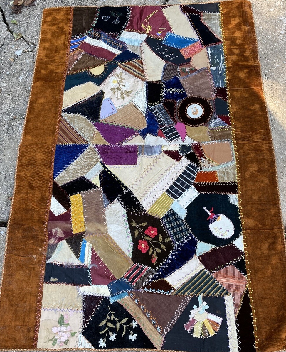 Antique Finest Handmade Dated 1885 Crazy Quilt 44x65 With