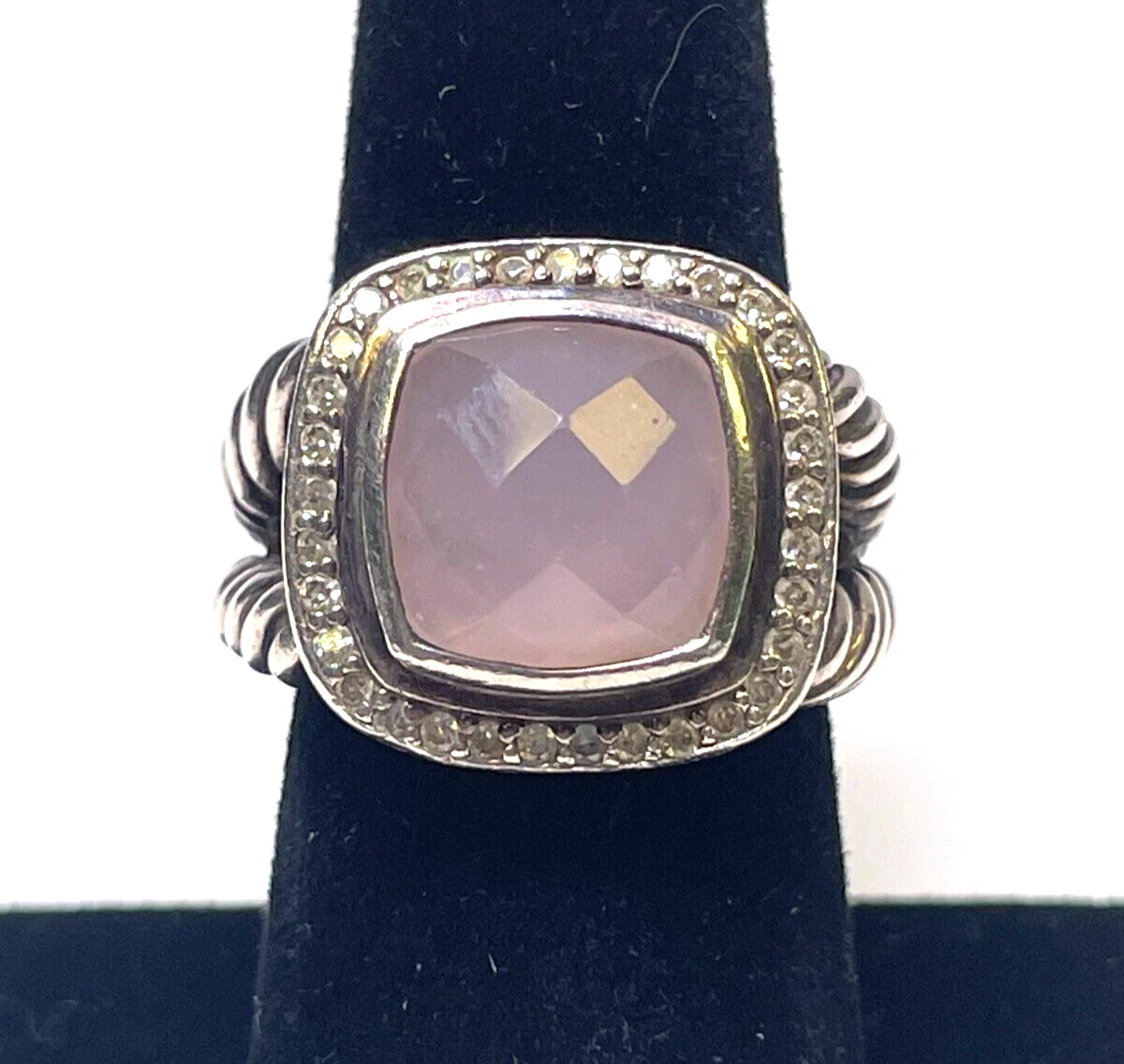 David Yurman Albion 11mm Rose Quartz Diamond Ring Sterling Cable