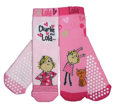 CHARLIE & LOLA SLIPPER SOCKS WITH GRIPS two pack girls SHOE SIZE 3-5 6-8 9-12