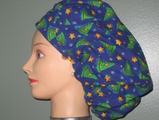 Surgical Scrub Hats/Caps Halloween Blue with green witch hats and stars