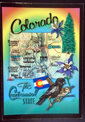 Colorado State Map, State Icons Lark Bunting Blue Spruce Columbine Flower