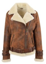 Womens Real Sheepskin Aviator Shearling Pilot Biker Style Jacket Antique Brown