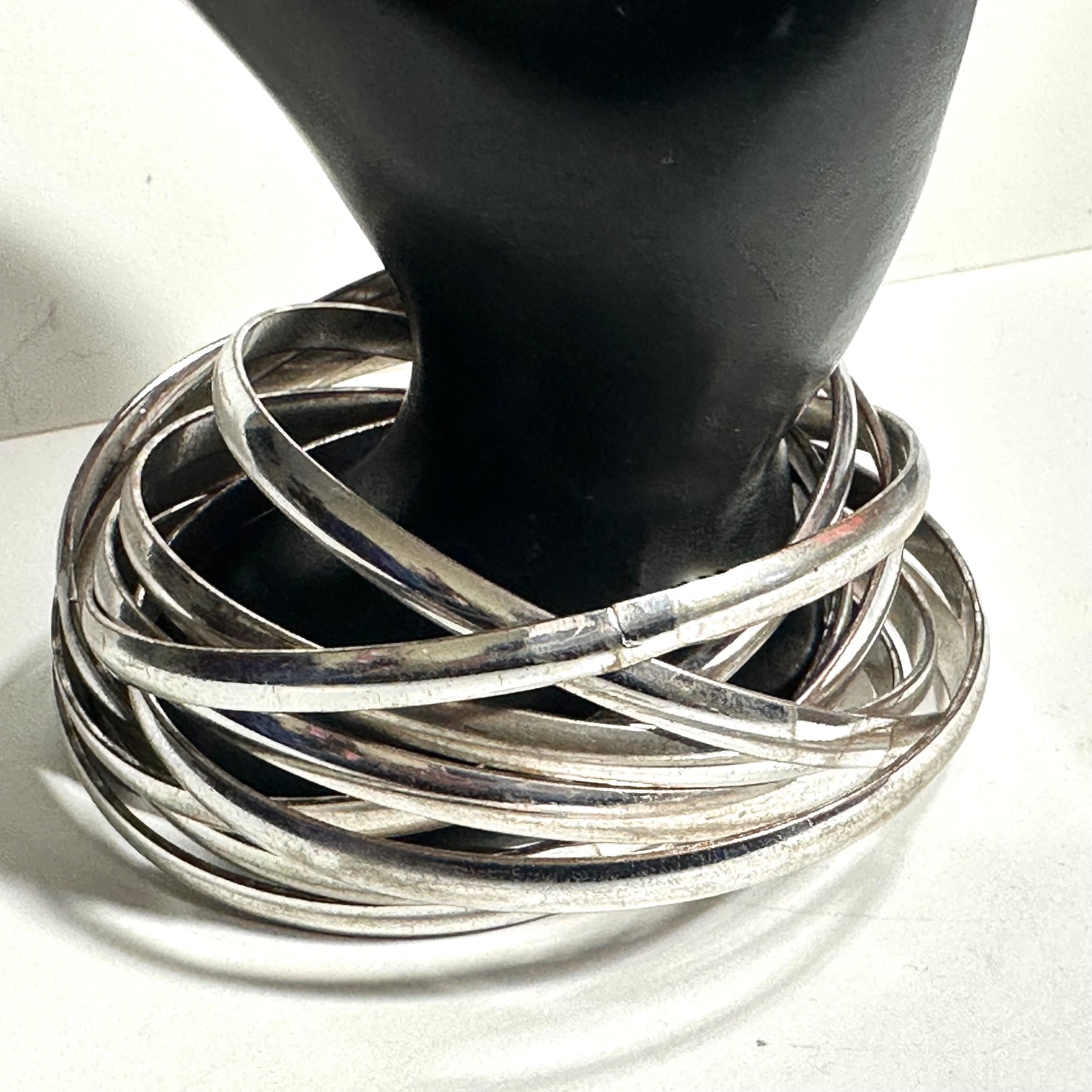 Stack of 9 Connected Bangle Bracelets Silver Tone… - image 1