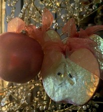 set of 4 half APPLE glass Christmas ornaments ea. 3x3.5 inches trimmed with bow