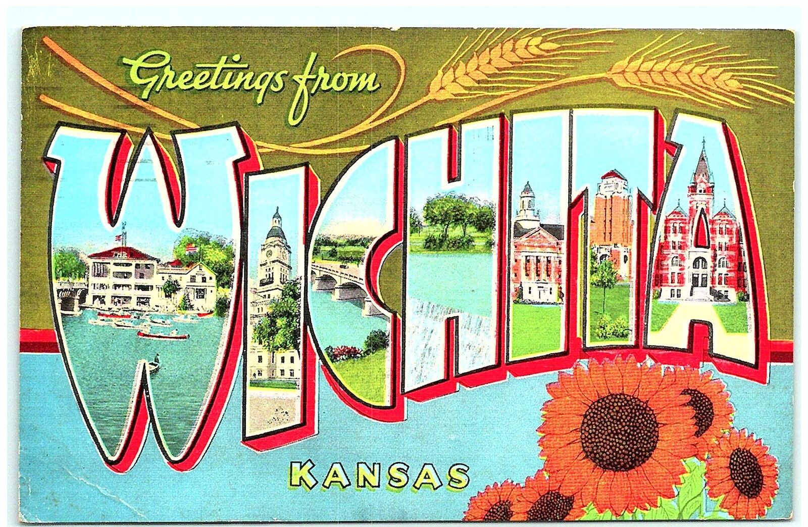 S03-6072, Greetings From Wichita, Kansas, 1940S Linen Large Letter Postcard