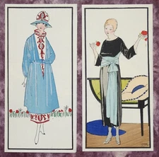 ANTIQUE FASHION PRINTS, Jenny, Pair of Vintage Art Nouveau Original Pochoir 1917