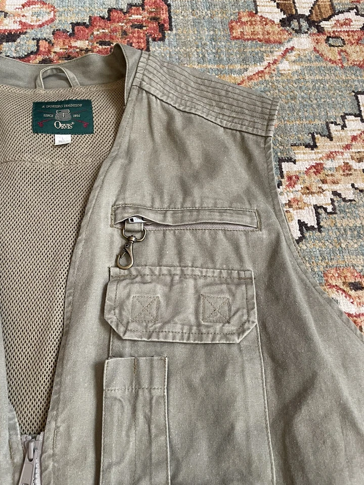Chaleco de pesca Orvis para hombre bronceado y malla de caza espalda safari talla grande Foto 3 de 4
