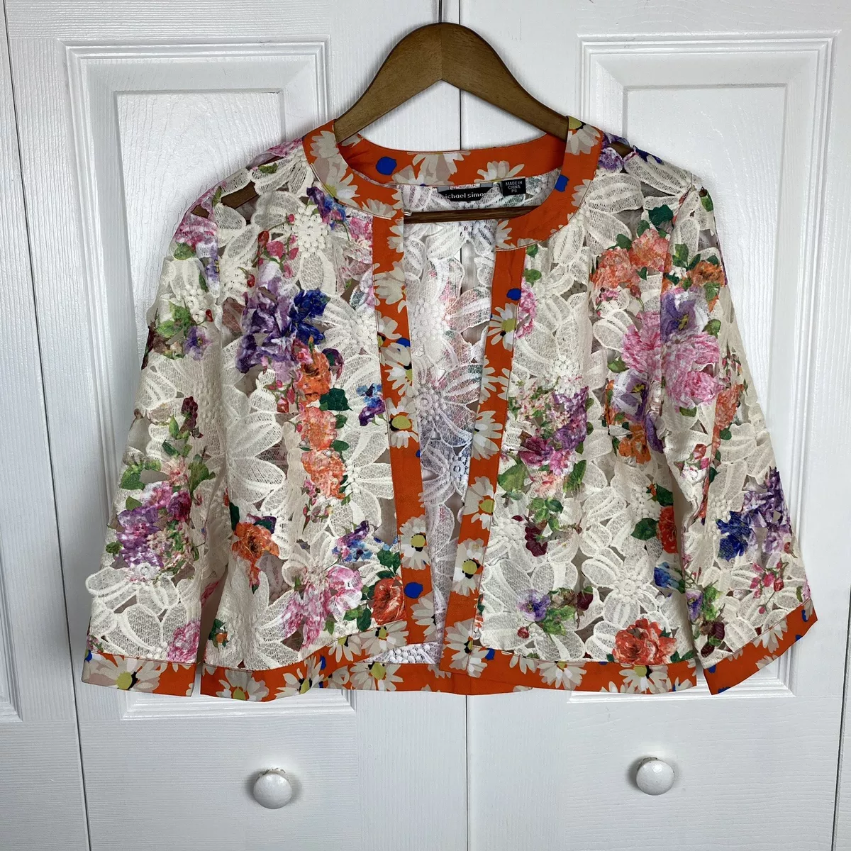 Michael Simon S Blouse Top Jacket Floral Lace Boho Topper Garden Party White