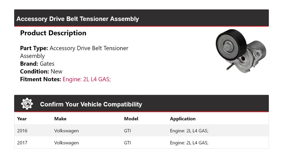 Para Volkswagen GTI 2016-2017 2L L4 GAS Correa de transmisión Tensor Montaje Puertas Foto 2 de 4
