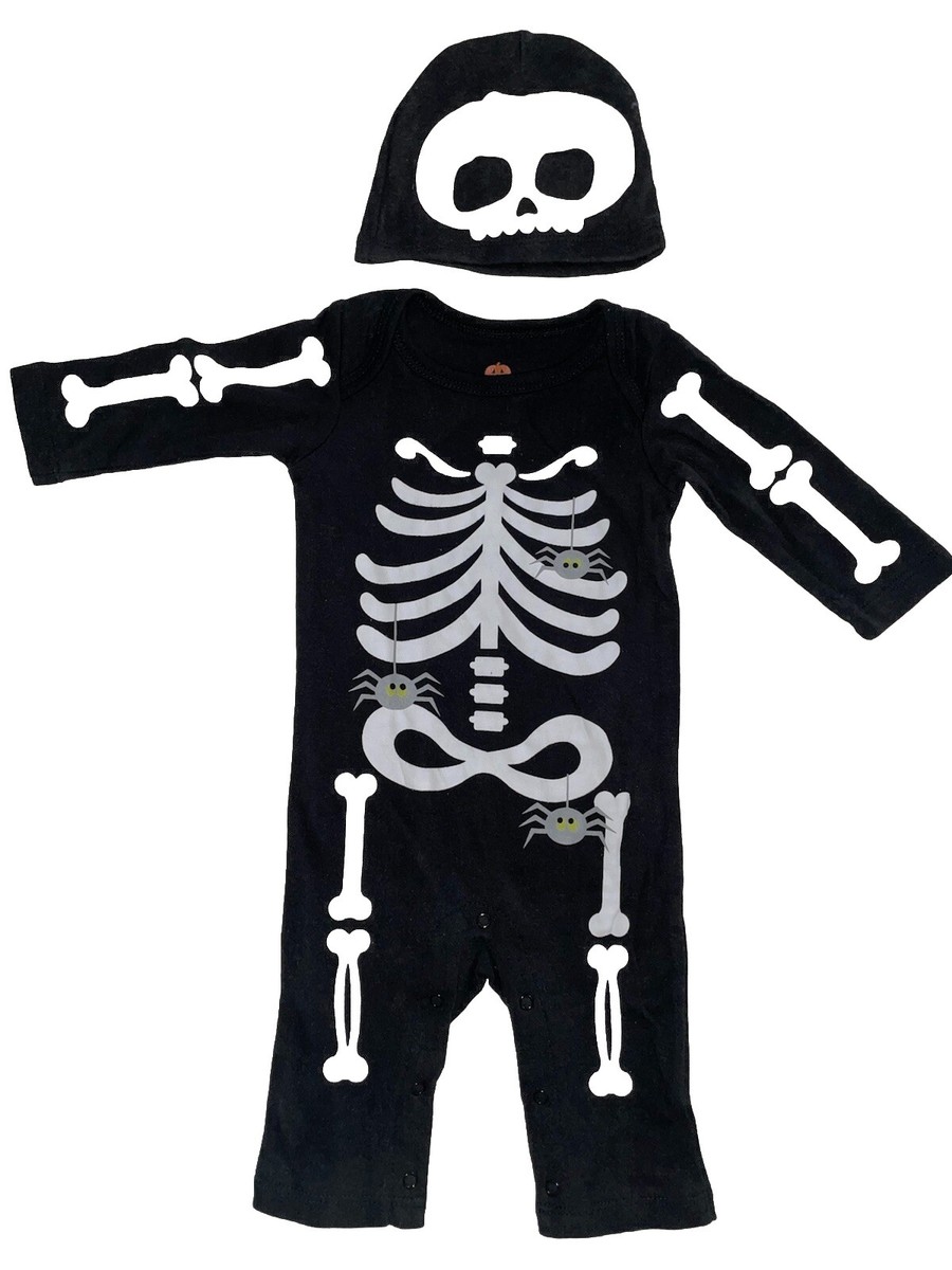 HALLOWEEN 0-3m Black one piece SKELETON outfit hat costume