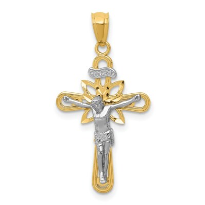 14k Gelb & Weißgold mit Rhodium kleiner Passion Kruzifix Anhänger