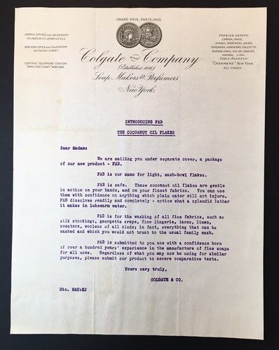 Antique Colgate & Company Letterhead Introducing Fab The Coconut Oil Flakes 