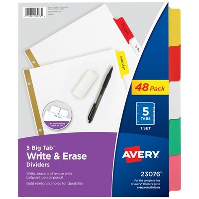 Avery Big Tab Write Erase Dividers For 3 Ring Binders 5-Tab Sets Multicolor