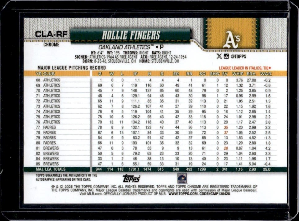 2026 Topps Chrome Rollie Fingers Legend Auto Gold Refractor SSP #/50 Athletics view 2