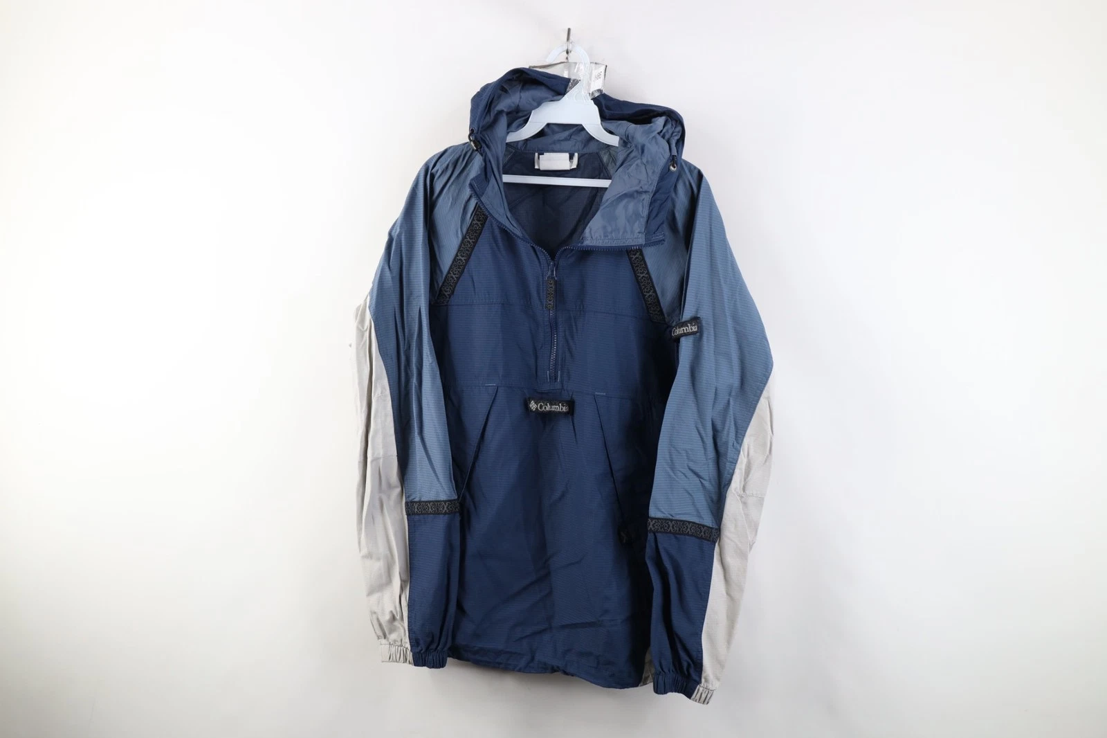 Vintage 90s Columbia Mens Medium Color Block Packable Hooded Anorak Jacket Blue